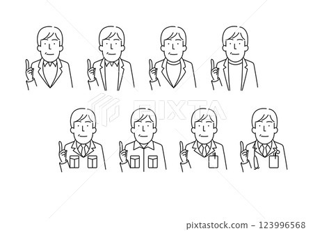 Illustration material: Simple line drawing of a man in his 40s or 50s wearing a jacket, work clothes, and white coat 123996568