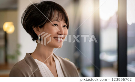 Profile of a smiling woman with short hair standing by a window in the evening. 123996762