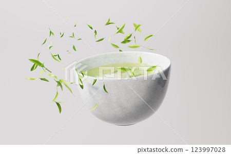 Chinese ancient teapot and teacup with tea leaves, 123997028
