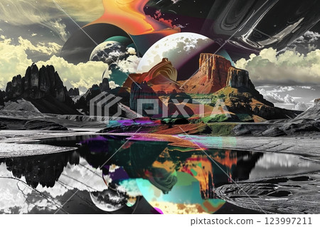 Surreal Landscape Montage in Retro-70s, Holographic Fantasy Style 123997211