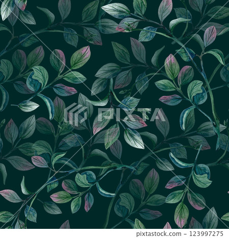 Seamless pattern pistachio. Green leaves branches watercolor illustration on dark background. Botanical picture for wallpaper, textile, wrapping paper, phone cover, packaging, rustic style posters 123997275