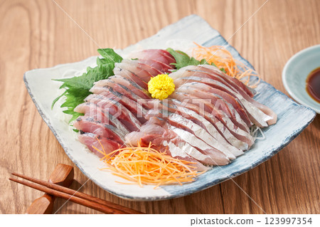 Fresh horse mackerel sashimi served on a plate Fresh horse mackerel sashimi served on a plate 123997354