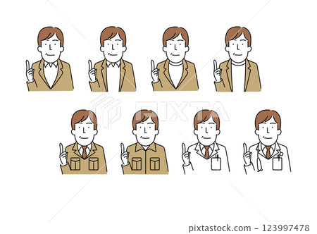 Illustration material: Simple line drawing of a man in his 40s or 50s wearing a jacket, work clothes, and white coat Illustration material: Simple line drawing of a man in his 40s or 50s wearing a jacket, work clothes, and white coat 123997478