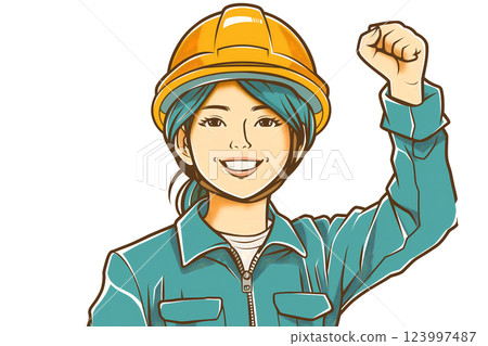 A female construction worker vigorously pumping her fist A female construction worker vigorously pumping her fist 123997487