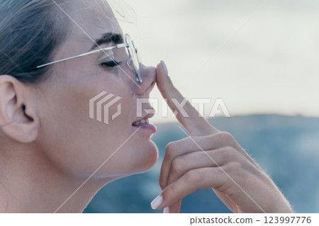 Woman Glasses Touching Nose Outdoor Enjoying Sun Woman Glasses Touching Nose Outdoor Enjoying Sun 123997776