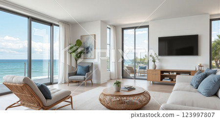 Luxe Coastal Living Room A sophisticated coastal living room with a wall-mounted TV above a sleek, wooden TV stand, soft 123997807