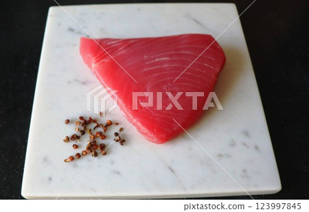 Pink tuna steak, fish meat fillet Pink tuna steak, fish meat fillet 123997845