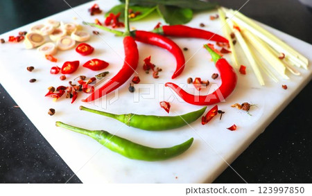 Hot spices, ingredients for Thai soup Tom Yum Hot spices, ingredients for Thai soup Tom Yum 123997850