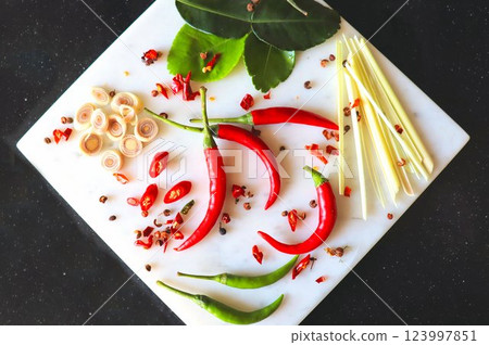 Hot spices, ingredients for Thai soup Tom Yum 123997851