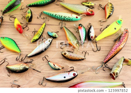Set of fishing lures, baubles with a triple hook 123997852