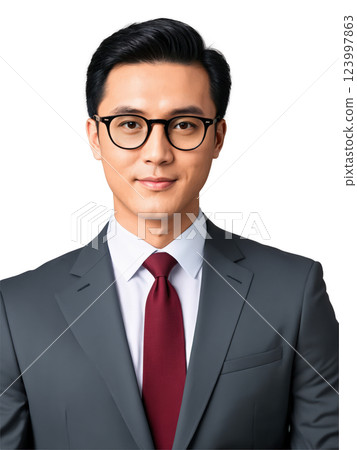 Portrait of a professional East Asian man with medium-length black hair and glasses, dressed in a tailored charcoal gray business 123997863