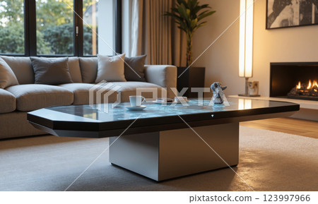A modern coffee table that doubles as a smart display, showing news, social media, or even digital artwork when not in use. 123997966