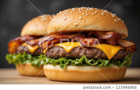 A close-up of a gourmet burger with perfectly melted cheese, crispy bacon, fresh lettuce, and a soft bun A close-up 123998068
