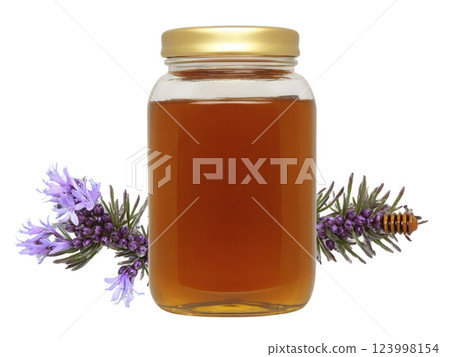 Heather Honey (Calluna vulgaris) Dark, rich amber honey with a strong flavor, paired with the purple flowers of the heather 123998154