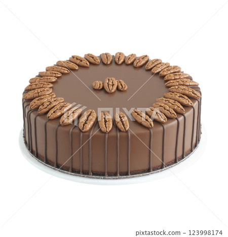 Mocha mousse layered chocolate cake crafted with three distinct tiers, each coated in a luxurious mocha-colored frosting. Between the layers, 123998174