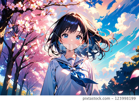 High school girl looking up at the sky under the cherry blossoms High school girl looking up at the sky under the cherry blossoms 123998199