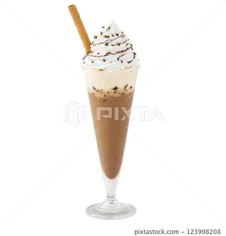 A tall, frosty glass filled with a mocha-colored milkshake, topped with a fluffy, cloud-like layer of whipped cream. The 123998208
