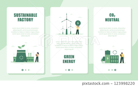 CO2 neutral. Set of Templates for Online Services. Mobile screen. Net zero emissions and carbon dioxide balance. Vector illustration in flat cartoon style 123998220