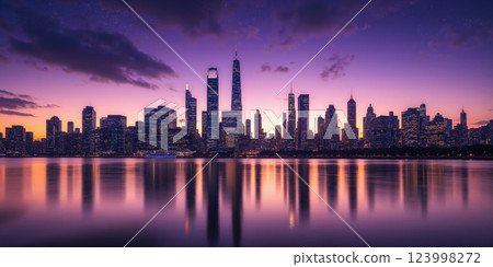Urban skyline reflection City life and architecture stock photo Dramatic urban skyline reflected in perfectly still water, twilight colors 123998272