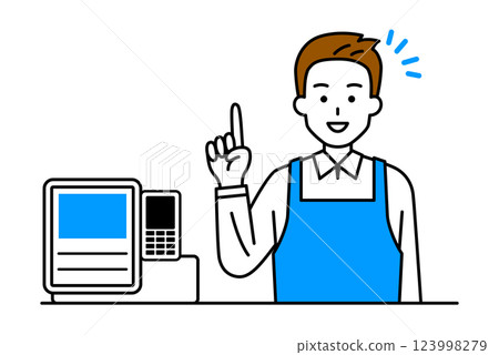 收銀台的一名男店員正在解釋 123998279