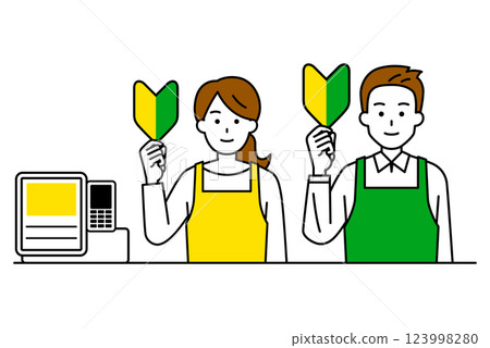 Male and female store clerks holding up beginner marks at the cash register 123998280