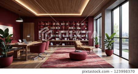 Tech-inspired study in deep burgundy, with AI-enhanced workstations that automatically adjust lighting and seating for optimal focus. The space features Tech-inspired study in deep burgundy, with AI-enhanced workstations that automatically adjust lighting and seating for optimal focus. The space features 123998370