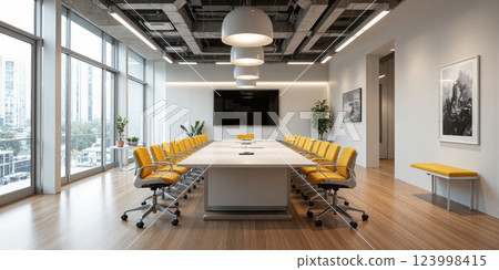 Futuristic conference room with AI digital assistants, ergonomic chairs, and high-tech presentation tools. The conference room includes AI-powered digital assistants 123998415