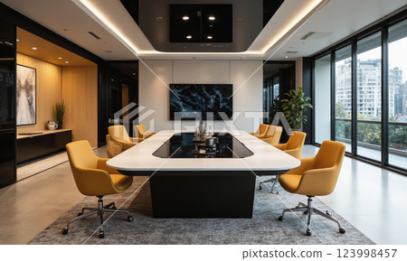 High-tech conference room with smart presentation equipment, AI-powered virtual assistants, and comfortable modern seating. The space features a contemporary conference 123998457