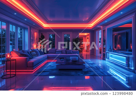 Modern living room with neon lights Modern living room with neon lights 123998480
