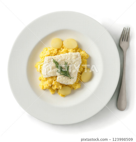 Bacalhau a Bras - A traditional Portuguese-inspired dish made with salted cod, scrambled eggs, potatoes, onions, and olives, offering Bacalhau a Bras - A traditional Portuguese-inspired dish made with salted cod, scrambled eggs, potatoes, onions, and olives, offering 123998509
