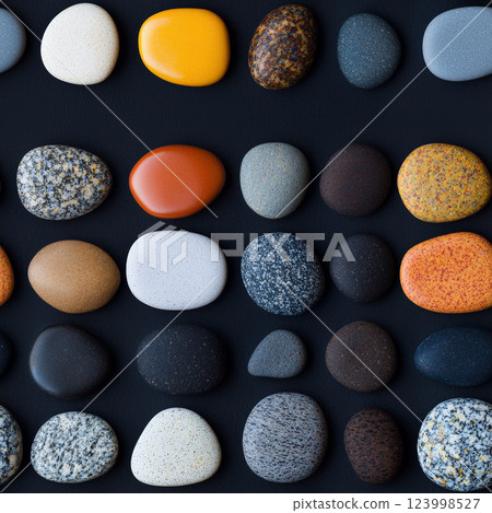 A seamless pattern featuring a collection of rounded pebbles in various colors, creating a smooth and organic texture.  Generative AI 123998527