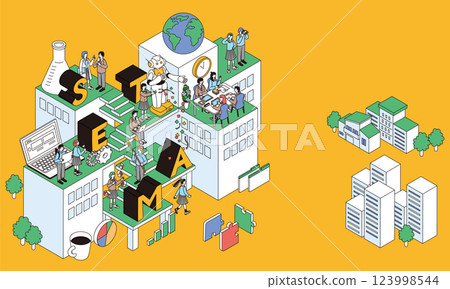 An isometric illustration depicting the letters STEAM education and children's future education An isometric illustration depicting the letters STEAM education and children's future education 123998544