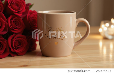 A customized mocha mousse-colored mug with a meaningful quote or name printed in elegant gold script, displayed next to 123998627
