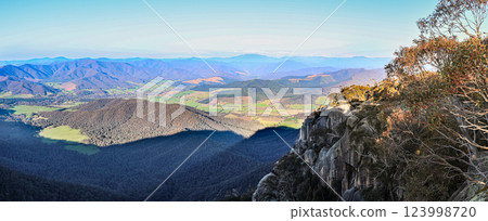Panoramic scenic alpine outback view from Bents Lookout points at Mount Buffalo National park, Victoria Australia 123998720