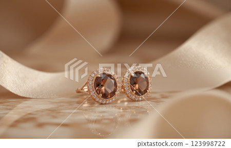 An elegant pair of mocha mousse-colored earrings with a floral design, the earrings placed on a polished marble surface. 123998722