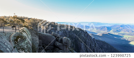 Panoramic scenic alpine outback view from Bents Lookout points at Mount Buffalo National park, Victoria Australia 123998725