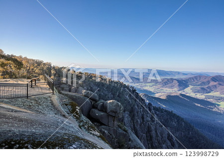 Scenic alpine outback view from Bents Lookout points at Mount Buffalo National park, Victoria Australia 123998729