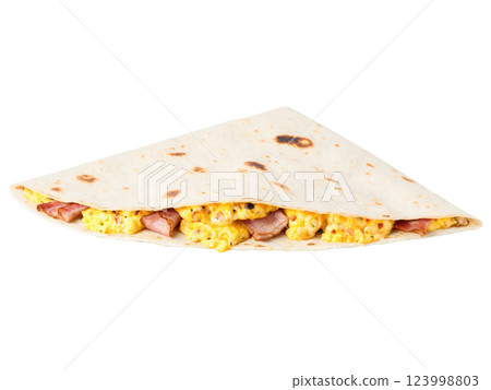 Breakfast Quesadilla Flour tortilla stuffed with scrambled eggs, cheese, and sausage or bacon, then grilled until crispy. Breakfast Quesadilla Flour tortilla stuffed with scrambled eggs, cheese, and sausage or bacon, then grilled until crispy. 123998803