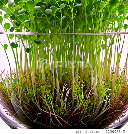 A close-up image of microgreens in a transparent bowl, with a creative focus on the tiny, delicate tendri 123998845