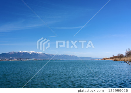 從烏丸半島遠眺卡塔塔和琵琶湖大橋,藍天的複製空間 從烏丸半島遠眺卡塔塔和琵琶湖大橋,藍天的複製空間 123999026