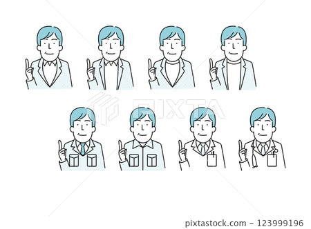Illustration material: Simple line drawing of a man in his 40s or 50s wearing a jacket, work clothes, and white coat Illustration material: Simple line drawing of a man in his 40s or 50s wearing a jacket, work clothes, and white coat 123999196