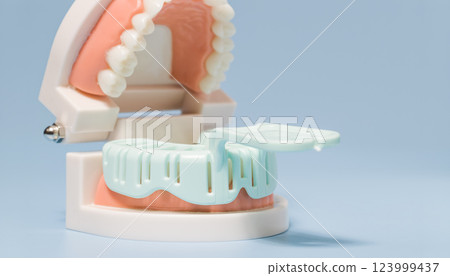 Dental impression tray on teeth model for training 123999437