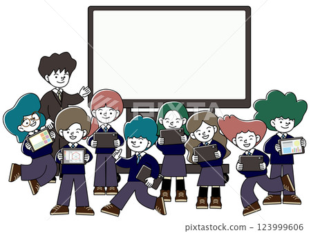 ICT 教育的向量插圖，其中老師和學生在配有大顯示器的教室中使用平板電腦學習 123999606