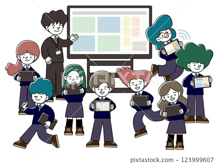 ICT 教育的向量插圖，其中老師和學生在配有大顯示器的教室中使用平板電腦學習 123999607