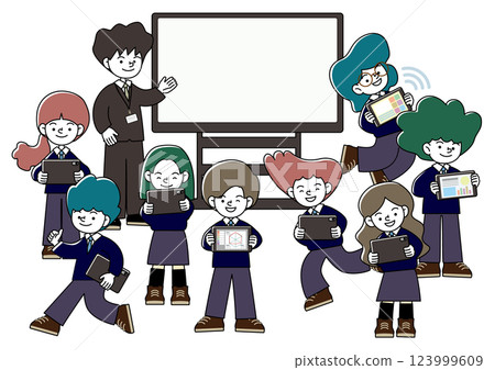 ICT 教育的向量插圖，其中老師和學生在配有大顯示器的教室中使用平板電腦學習 123999609