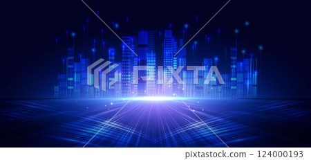 Futuristic smart city night skyscrapers on dark blue background. 124000193