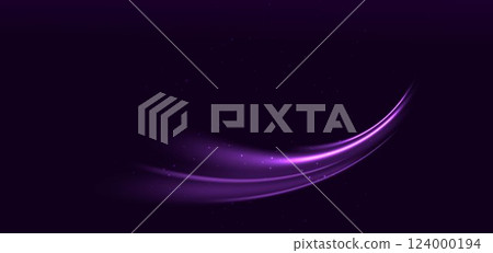 Elegant glowing purple curved rays on dark purple background. 124000194