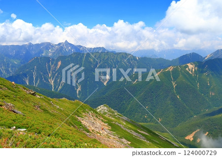 View of the Northern Alps in summer from Mount Jonen View of the Northern Alps in summer from Mount Jonen 124000729
