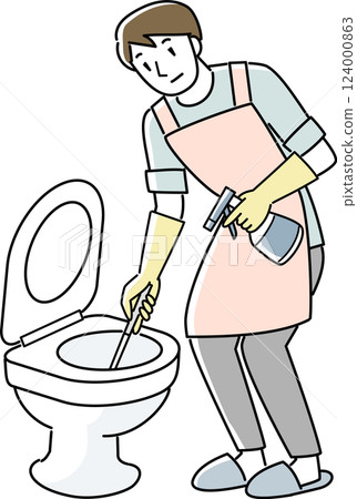 A man wearing an apron cleaning a toilet 124000863