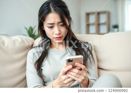 A woman with a sad face using a smartphone A woman with a sad face using a smartphone 124000992